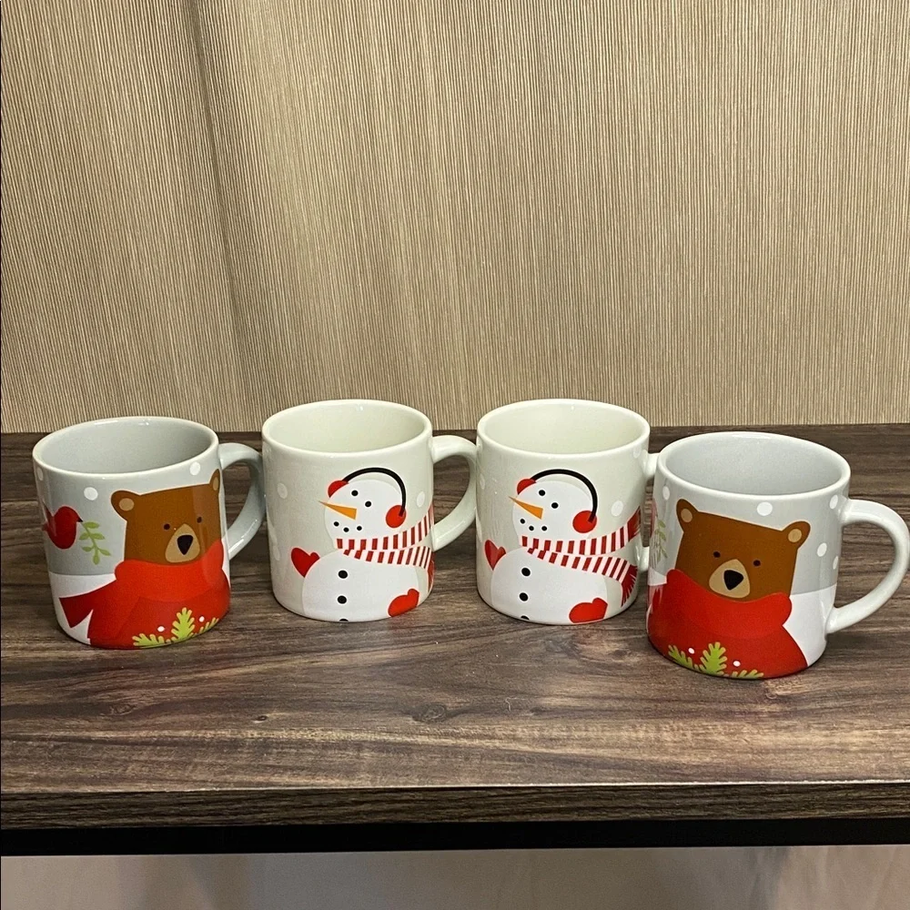 Crate & Barrell Festive Bear and Snowman Mug Set. Set of 4. Small. 8 ounce.